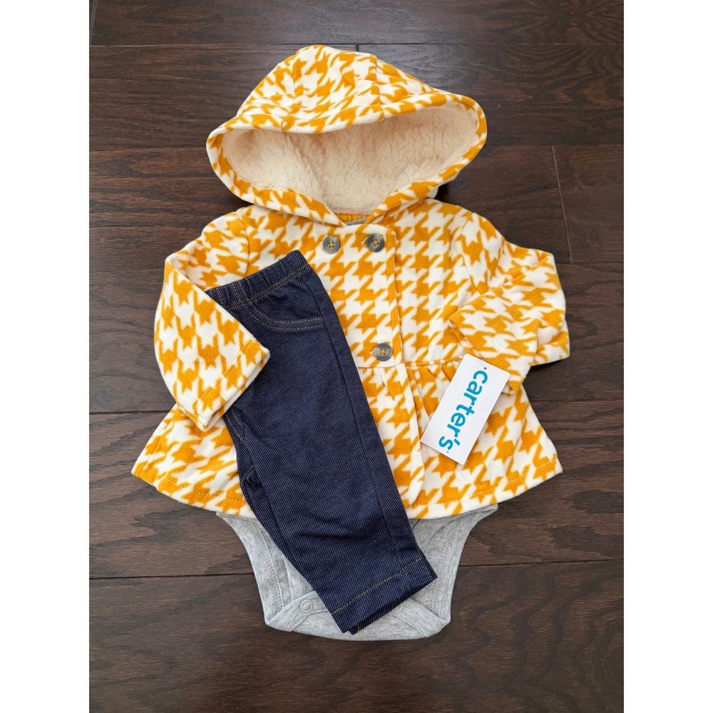 Carters Baby Girls 3Piece Set Yellow Houndstooth Fleece Jacket Bodysuit Pants 3M